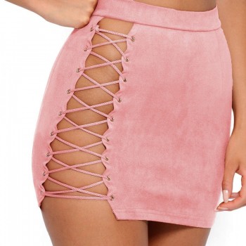 Halter Crop Tops +Lace Up Bandage Hot Skirts 2 Piece Green Pink